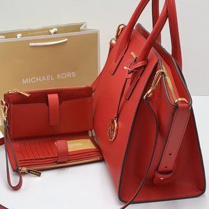 Michael Kors Large Top Zip Satchel Leather & Double Zip Wristlet Leather Flame